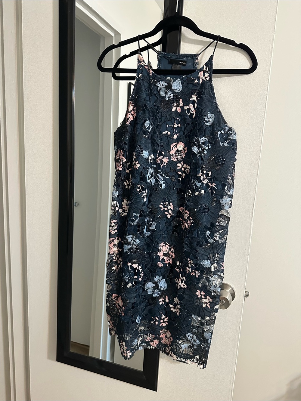 Aqua Navy Lace Dress with Pink and Light Blue Floral Accents